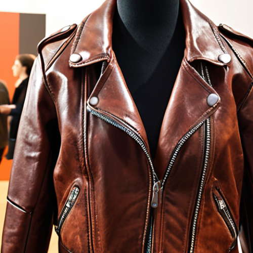 **Prompt:** A stylish Kombucha leather jacket at a sustainable fashion event, drawing attention from attendees. Focus on the jacket's design and the event's atmosphere.