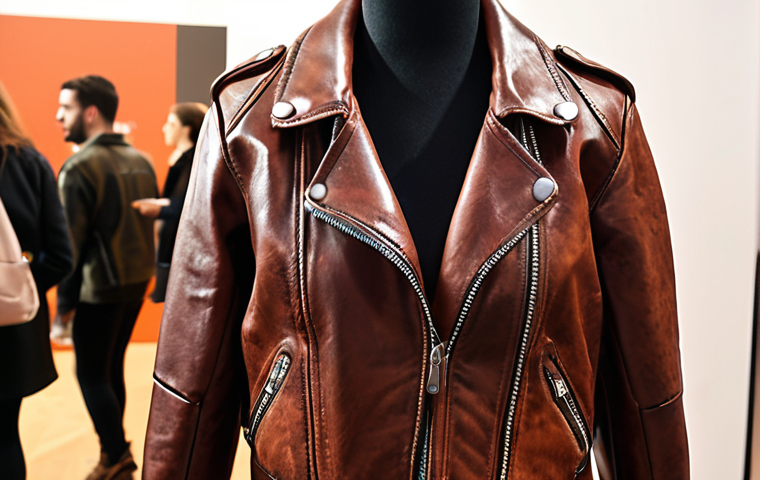 **Prompt:** A stylish Kombucha leather jacket at a sustainable fashion event, drawing attention from attendees. Focus on the jacket's design and the event's atmosphere.