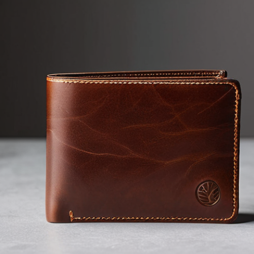 A professional close-up shot of a sophisticated kombucha leather wallet, held gently in a single hand, showcasing its unique soft texture and subtle, natural luster. The wallet is a rich, deep earthy color. The background is a clean, minimalist, light-toned surface, emphasizing the product's quality and sustainable elegance. The hand is perfectly formed with correct proportions and proper finger count, in a natural pose. safe for work, appropriate content, fully clothed, modest clothing, perfect anatomy, professional photography, studio lighting, high resolution.