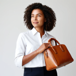A professional female model, standing gracefully, showcasing a modern handbag crafted from innovative kombucha leather. She is fully clothed in a modest, elegant business casual outfit, featuring neutral tones. The background is a bright, minimalist studio with soft, natural lighting, emphasizing the sustainable and ethical nature of the product. The kombucha leather bag has a smooth texture and a rich, earthy color, highlighting its natural origins and advanced quality. Her pose is natural and sophisticated. This image embodies high-quality professional photography, safe for work, appropriate content, professional and family-friendly. Perfect anatomy, correct proportions, well-formed hands, proper finger count, natural body proportions.