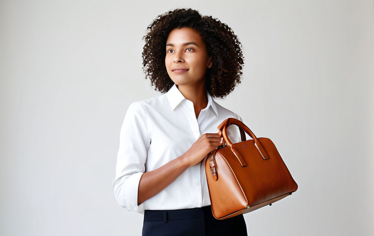 A professional female model, standing gracefully, showcasing a modern handbag crafted from innovative kombucha leather. She is fully clothed in a modest, elegant business casual outfit, featuring neutral tones. The background is a bright, minimalist studio with soft, natural lighting, emphasizing the sustainable and ethical nature of the product. The kombucha leather bag has a smooth texture and a rich, earthy color, highlighting its natural origins and advanced quality. Her pose is natural and sophisticated. This image embodies high-quality professional photography, safe for work, appropriate content, professional and family-friendly. Perfect anatomy, correct proportions, well-formed hands, proper finger count, natural body proportions.
