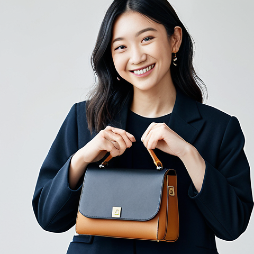 **
A stylish, fully clothed vegan fashion enthusiast, showcasing a unique kombucha leather bag in a bright, modern studio. The bag has a natural, slightly textured appearance. She is smiling confidently. Soft, diffused lighting highlights the bag's details. "Safe for work," "appropriate content," "fully clothed," "professional," "perfect anatomy," "correct proportions," "natural pose," "well-formed hands," "proper finger count," "natural body proportions," "high quality, Japanese fashion editorial style."
**