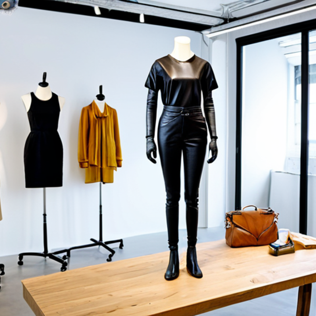 Sustainable Fashion Showcase**
A modern, brightly lit fashion studio featuring a mannequin draped in a stylish, fully clothed outfit made from kombucha leather. The garment has a unique, textured appearance. In the background, glimpses of a design workspace with sketches and sample materials. safe for work, appropriate content, professional, modest, perfect anatomy, natural proportions, well-formed hands, proper finger count.
* **ロケーション補足:** ファッションスタジオ, マネキン, コンブチャレザーの服
* **キーワード:** サステナブル, ファッション, エシカル, テクスチャ
**