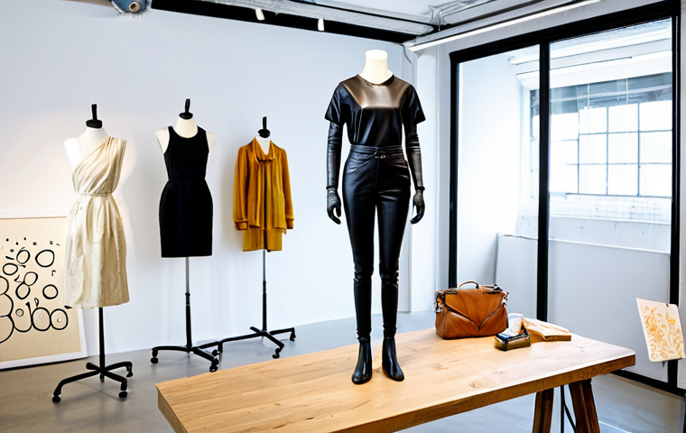 Sustainable Fashion Showcase**

A modern, brightly lit fashion studio featuring a mannequin draped in a stylish, fully clothed outfit made from kombucha leather. The garment has a unique, textured appearance. In the background, glimpses of a design workspace with sketches and sample materials. safe for work, appropriate content, professional, modest, perfect anatomy, natural proportions, well-formed hands, proper finger count.

*   **ロケーション補足:** ファッションスタジオ, マネキン, コンブチャレザーの服
*   **キーワード:** サステナブル, ファッション, エシカル, テクスチャ

**