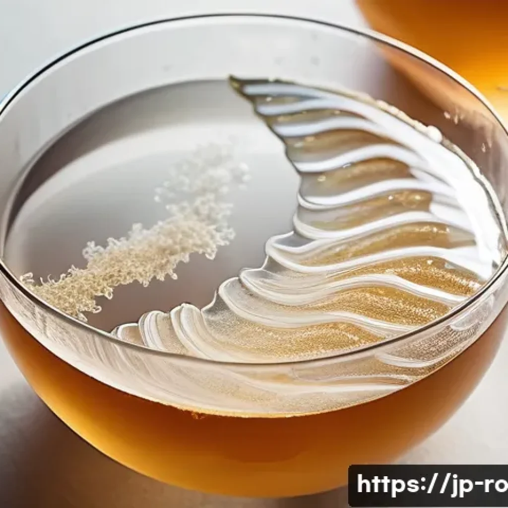 콤부차 가죽의 글로벌 사례 분석 - **Prompt:** A stunning, macro shot capturing the intricate, translucent layers of a kombucha SCOBY (...
