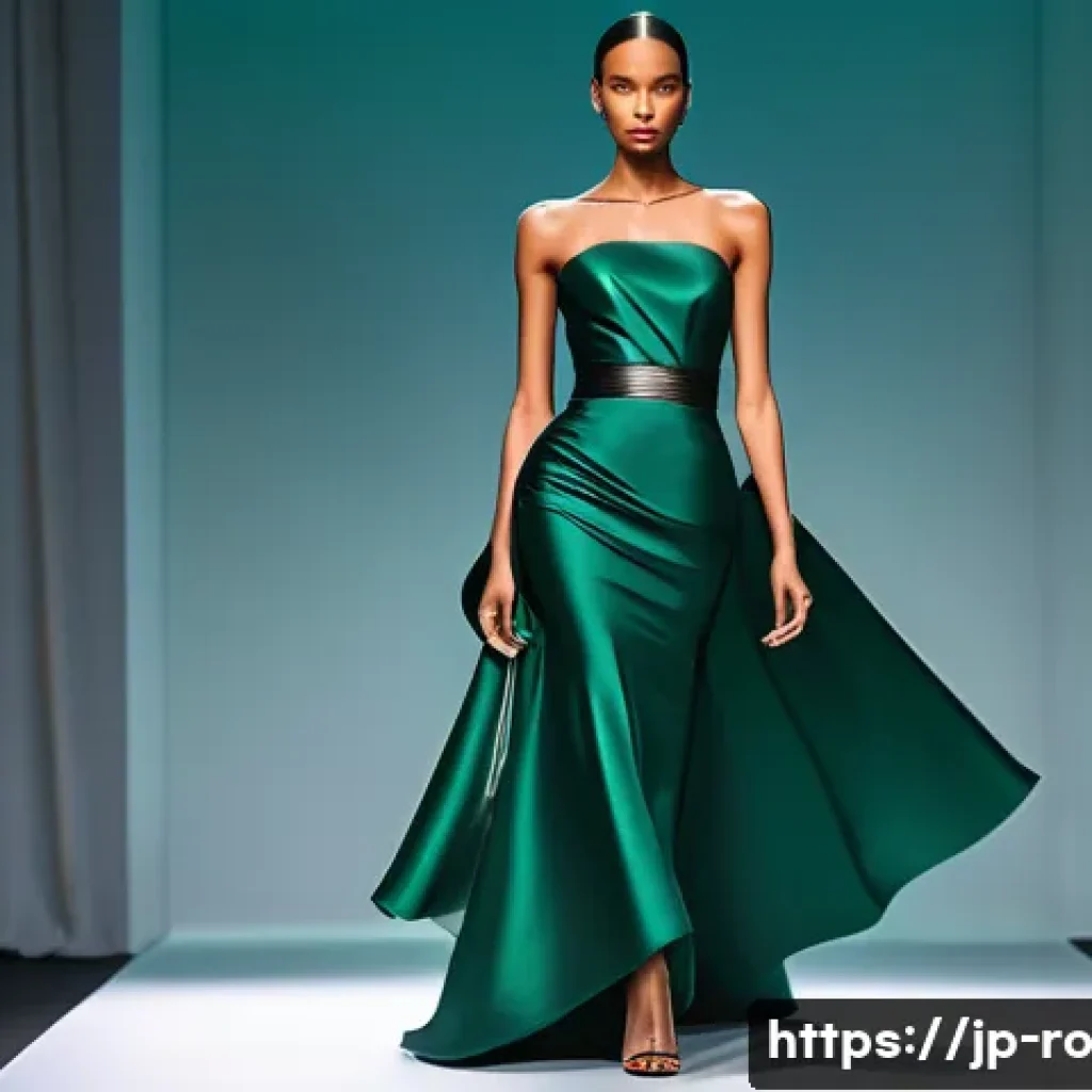 콤부차 가죽의 혁신적 디자인 사례 - "A high-fashion model, mid-pose on a sleek, minimalist runway. She is wearing an exquisite evening d...