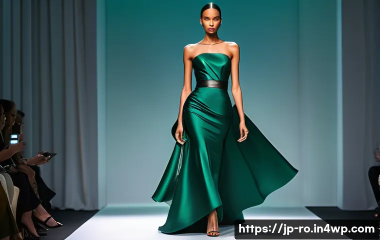 콤부차 가죽의 혁신적 디자인 사례 - "A high-fashion model, mid-pose on a sleek, minimalist runway. She is wearing an exquisite evening d...