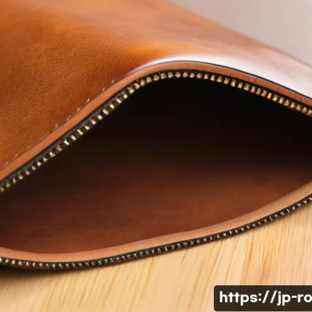 콤부차 가죽의 기능성 테스트 - A close-up image of a sleek kombucha leather handbag, showcasing its smooth, soft texture with subtl...