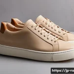 콤부차 가죽으로 만드는 신발 디자인 아이디어 - A pair of minimalist sneakers made from kombucha leather, showcasing its unique fermented texture wi...