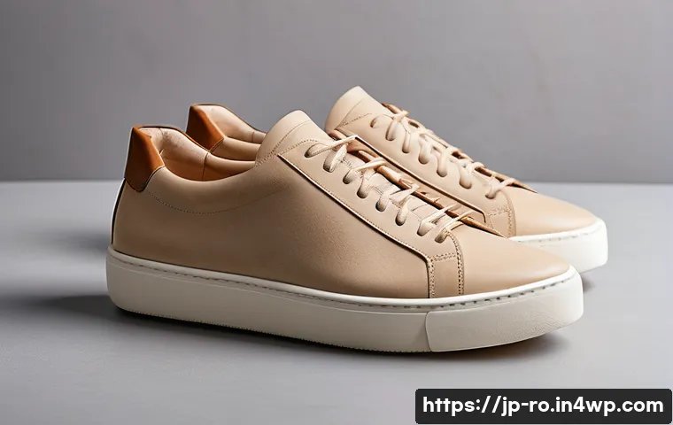 콤부차 가죽으로 만드는 신발 디자인 아이디어 - A pair of minimalist sneakers made from kombucha leather, showcasing its unique fermented texture wi...