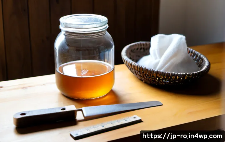 콤부차 가죽 제작을 위한 필수 도구 소개 - Photorealistic overhead view of essential kombucha leather making tools arranged neatly on a clean w...