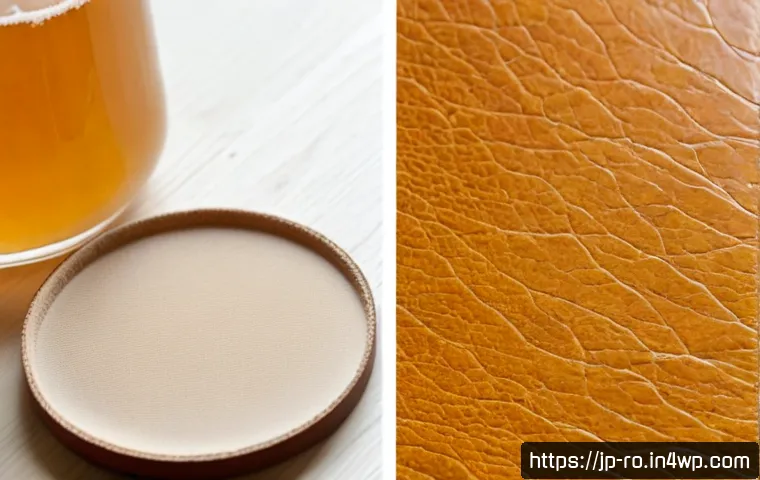 콤부차 가죽의 합성 및 천연 가죽 차이점 - Photorealistic close-up comparison of two unbranded material swatches on a clean pale wood table: tr...